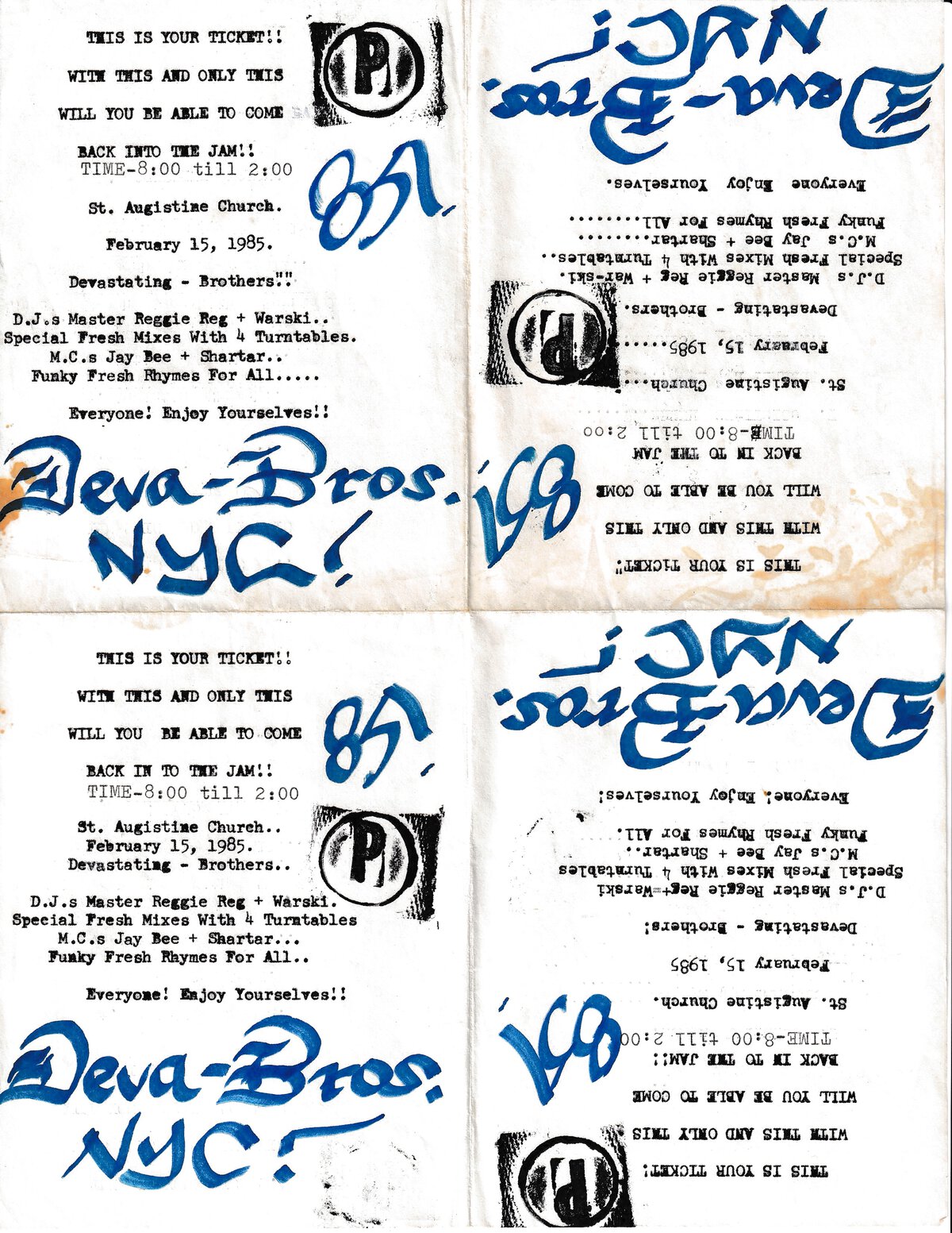 3c. 1985-02-15 Deva Bros. show ticket 4x